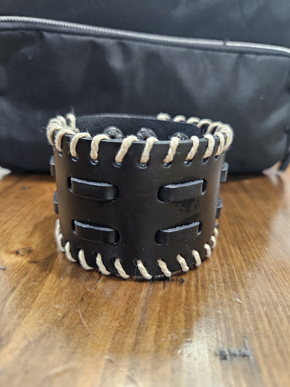 Source Unknown Black Leather Cuff Bracelet with Cream Lacing